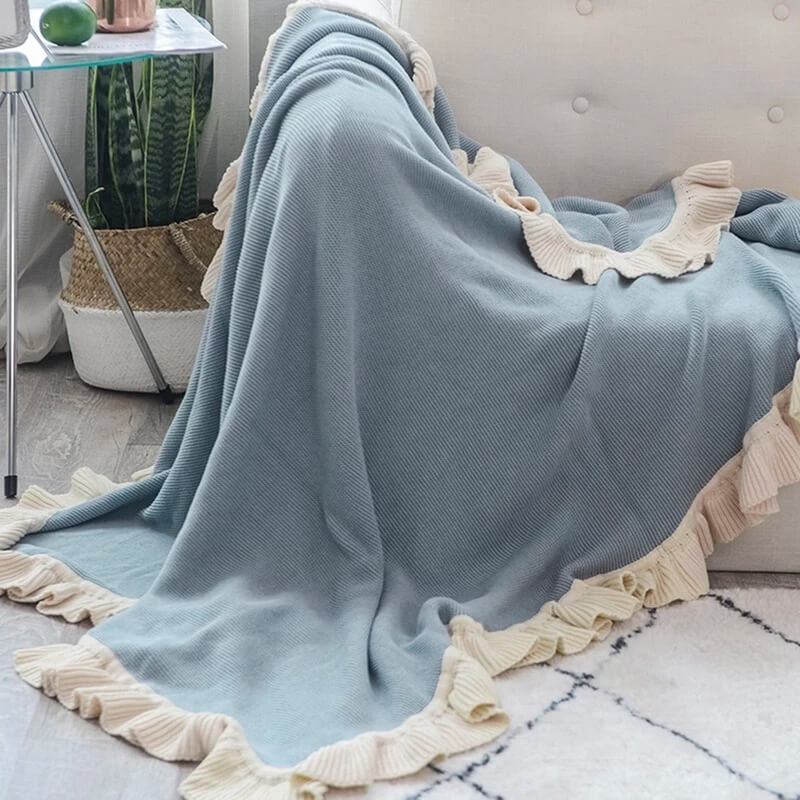 Anthropologie*ブルーのきれいな ブランケット モザイク編みのブランケット ブルー×オフホワイト その他